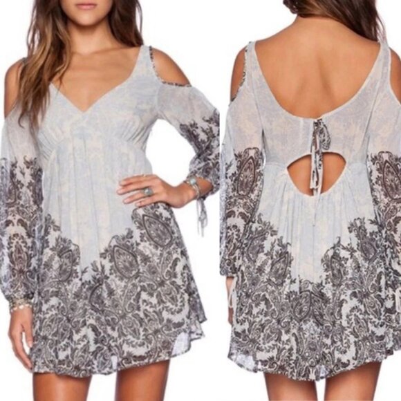 Free People Penny Lover Size Medium Gray Cold Shoulder Chiffon Tie-Up Mini Dress - Picture 1 of 13